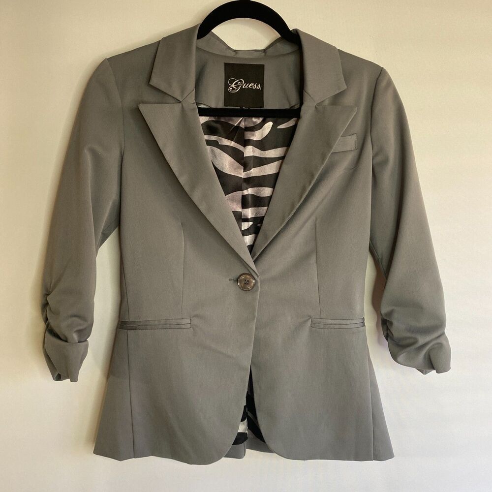 Guess Single Button Ruched Sleeve Stretch Blazer Zebra Print Satin Lined Size S